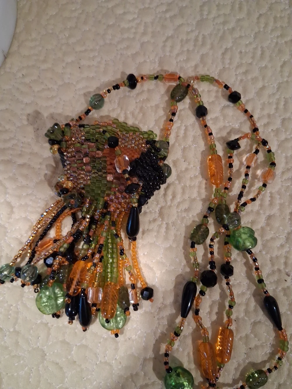Handmade Orange & Green Beaded Fringe Necklace Glass Seed - Picture 4 of 5